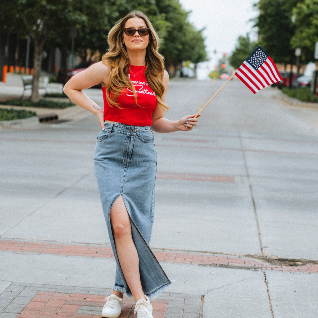 Denim maxi skirt and 4th of July crop tank from Lush Fashion Lounge women's boutique in Oklahoma City 