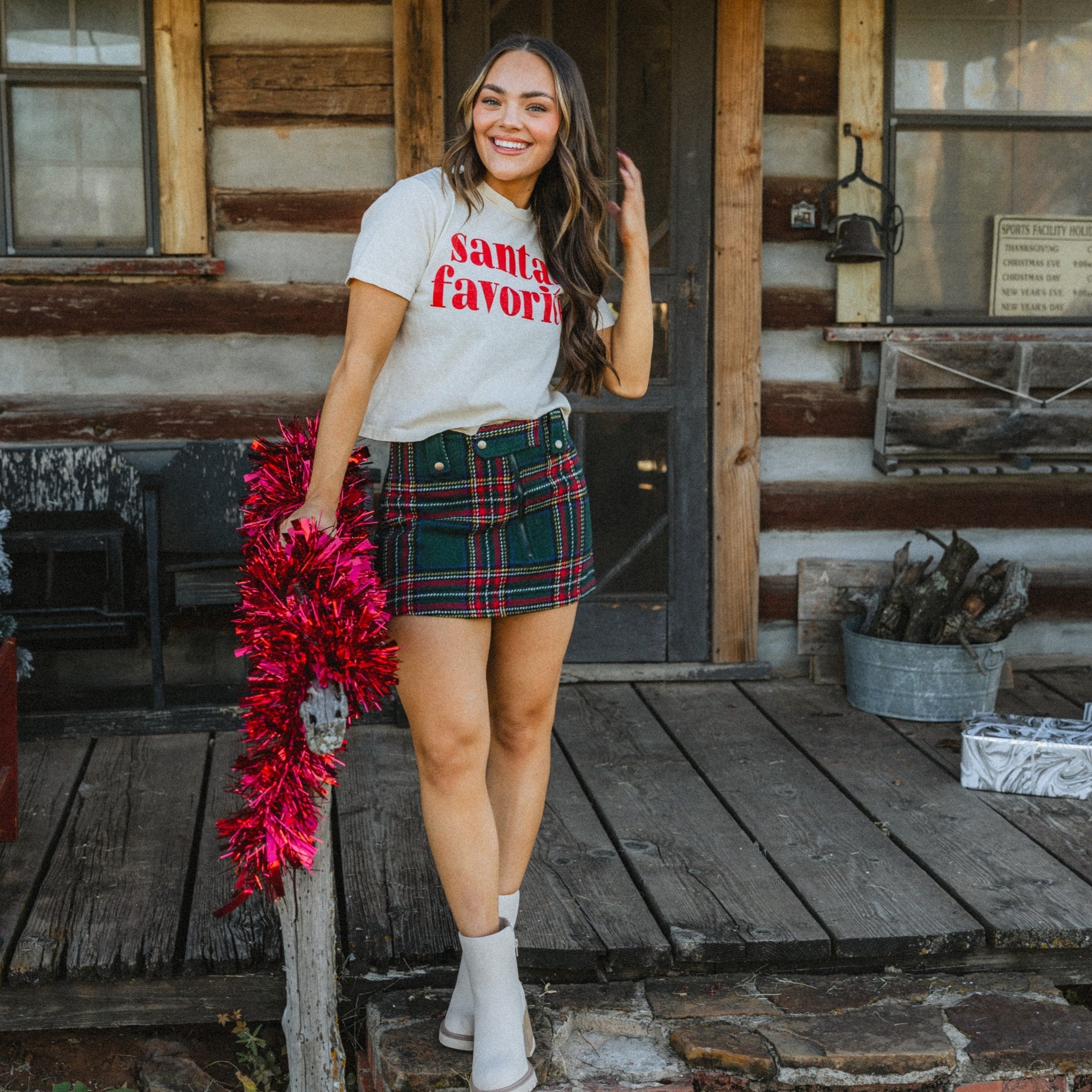 Lush Fashion Lounge women's boutique- Trendy Christmas outfits from Lush boutique, cute Holiday party outfits in Oklahoma, Santas favorite tshirt with green plaid skort 