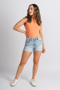 Round neck bodysuit light orange Stylish bodysuit - Womens Fashion Bodysuits at Lush Fashion Lounge Boutique in Oklahoma City
