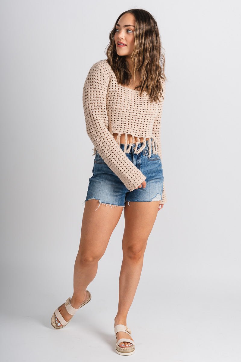 Crochet fringe hem top taupe - Adorable top - Stylish Vacation T-Shirts at Lush Fashion Lounge Boutique in Oklahoma City