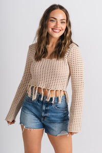 Crochet fringe hem top taupe - Fun top - Unique Getaway Gear at Lush Fashion Lounge Boutique in Oklahoma