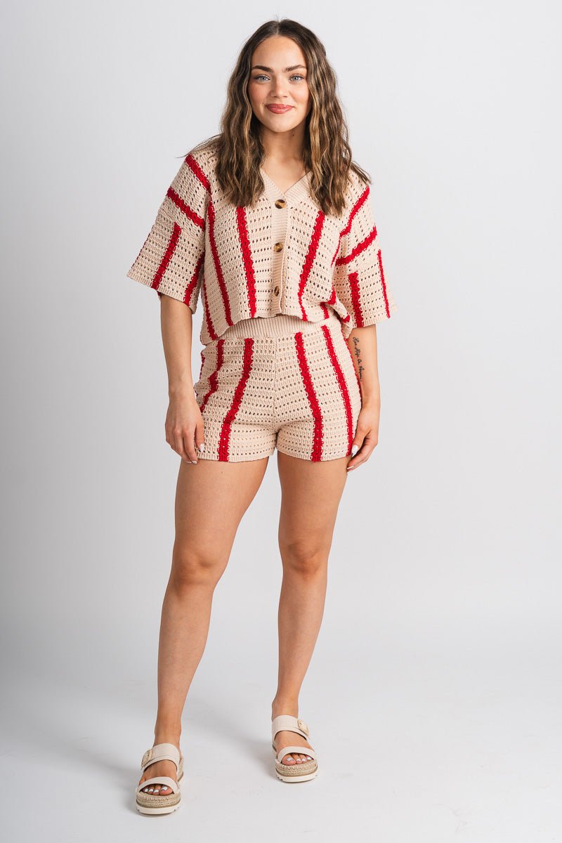 Crochet button down top cream/red - Stylish Top - Trendy Staycation Outfits at Lush Fashion Lounge Boutique in Oklahoma City