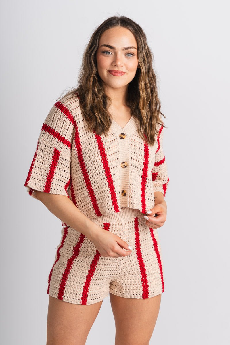 Crochet button down top cream/red - Cute Top - Fun Vacay Basics at Lush Fashion Lounge Boutique in Oklahoma City