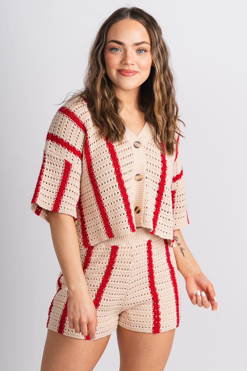 Crochet button down top cream/red - Trendy Top - Cute Vacation Collection at Lush Fashion Lounge Boutique in Oklahoma City