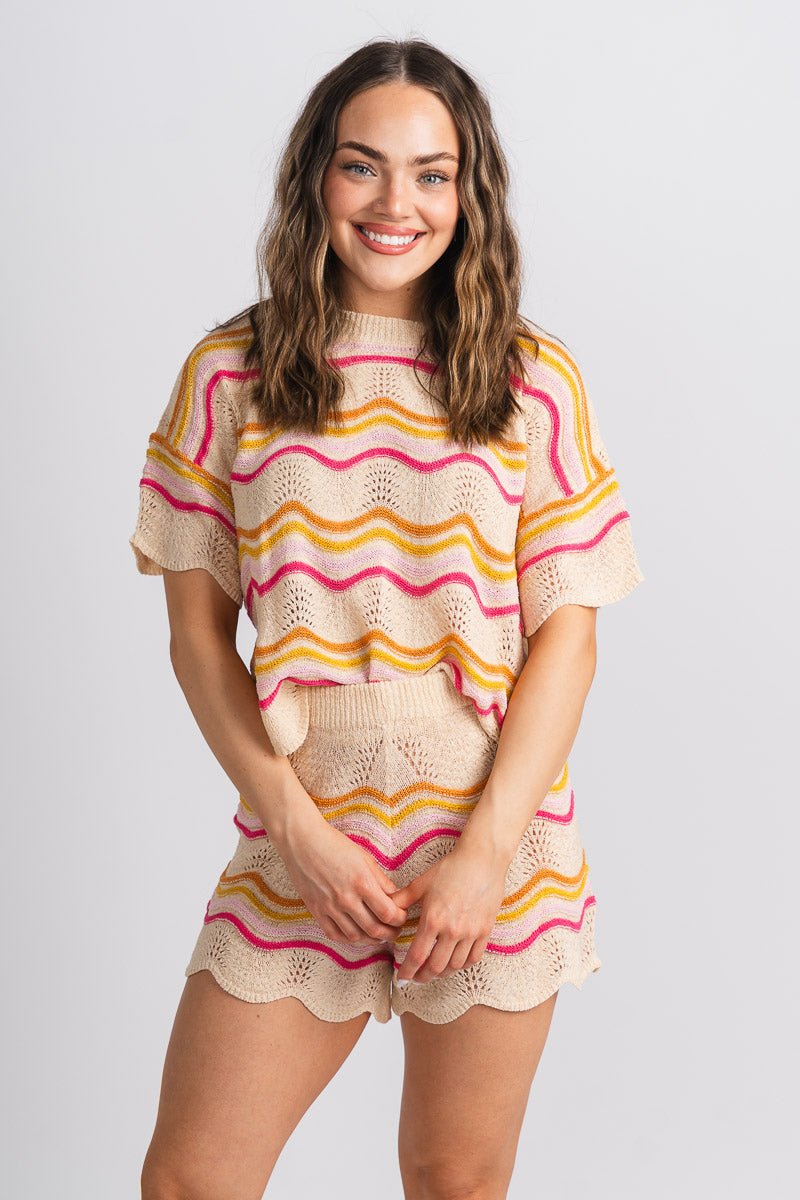 Crochet wave print top beige - Trendy Top - Cute Vacation Collection at Lush Fashion Lounge Boutique in Oklahoma City