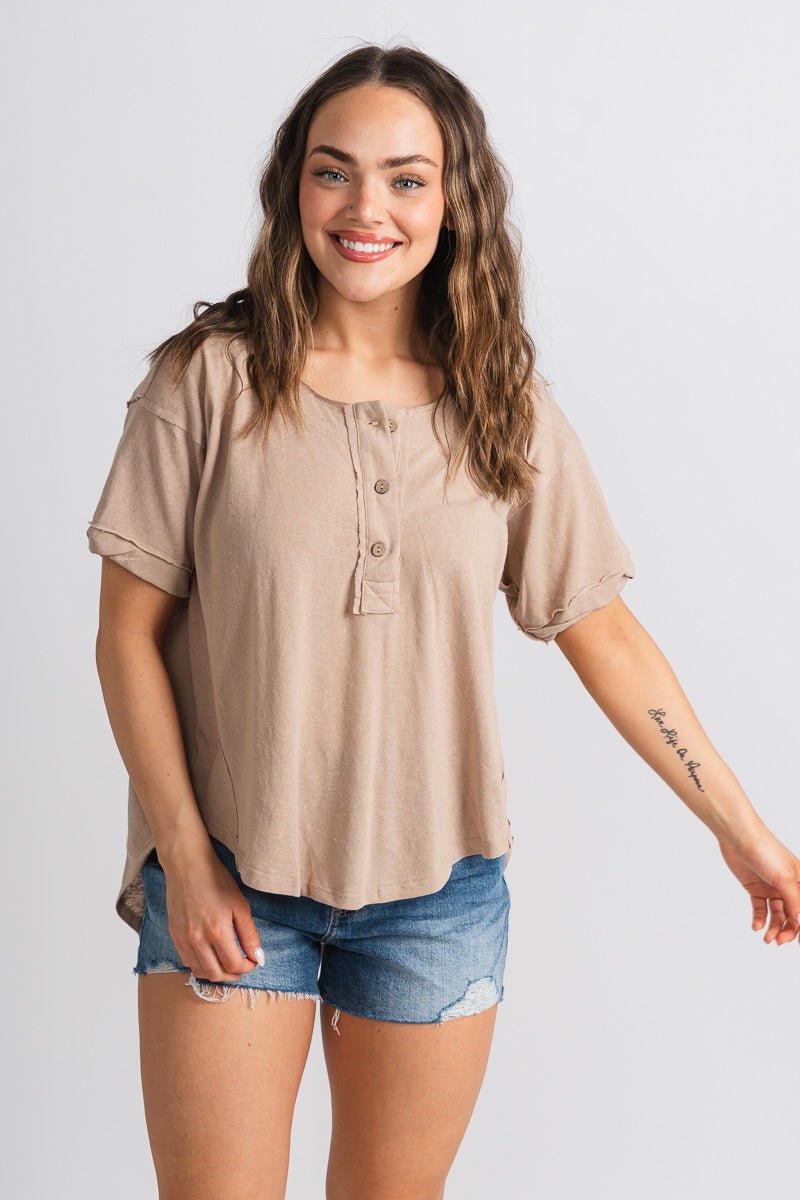 Button detail short sleeve top taupe