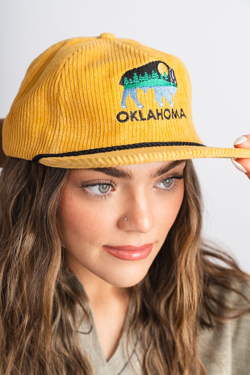 Oklahoma bison landscape corduroy hat mustard - Trendy Hats at Lush Fashion Lounge Boutique in Oklahoma City