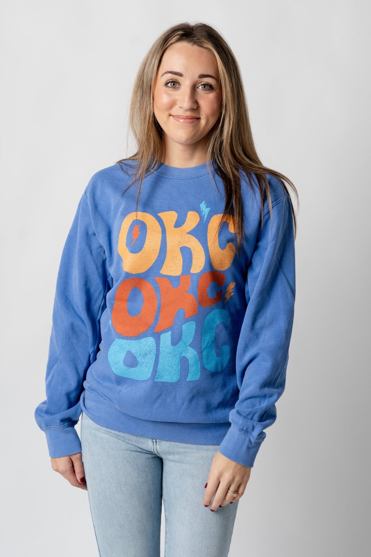 OKC repeater stars comfort colors sweatshirt flo blue - Trendy OKC Apparel at Lush Fashion Lounge Boutique in Oklahoma City
