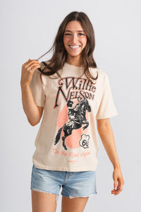 DayDreamer Willie Nelson Route 66 tee sand - Stylish Band T-Shirts and Sweatshirts at Lush Fashion Lounge Boutique in Oklahoma City