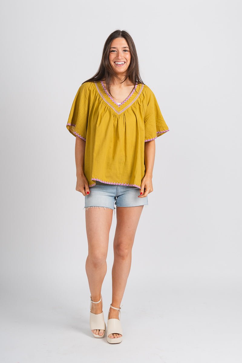 Embroidered flutter top green tea - Stylish Top - Trendy Staycation Outfits at Lush Fashion Lounge Boutique in Oklahoma City