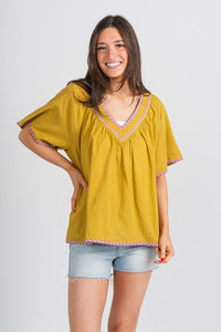 Embroidered flutter top green tea - Cute Top - Fun Vacay Basics at Lush Fashion Lounge Boutique in Oklahoma City