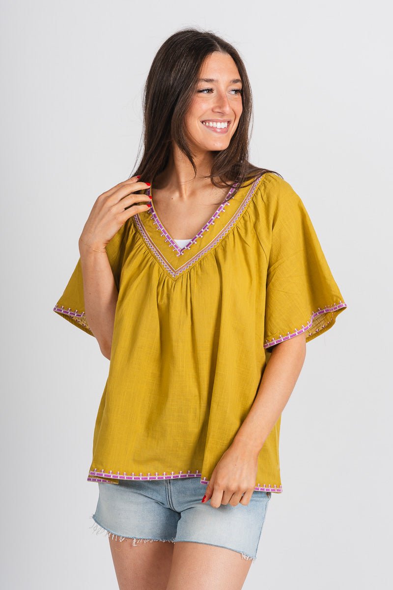 Embroidered flutter top green tea - Trendy Top - Cute Vacation Collection at Lush Fashion Lounge Boutique in Oklahoma City