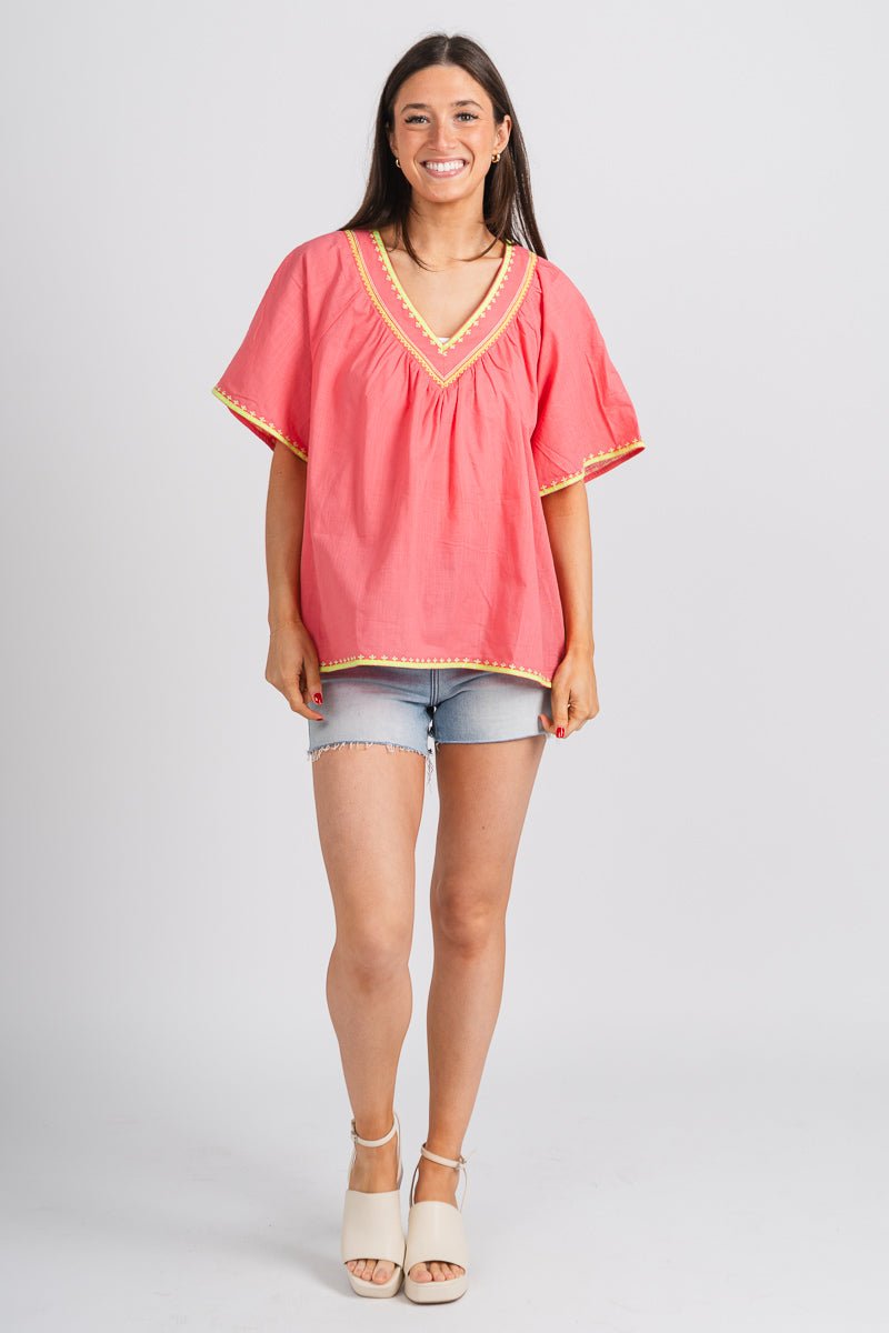 Embroidered flutter top coral - Stylish Top - Trendy Staycation Outfits at Lush Fashion Lounge Boutique in Oklahoma City
