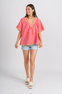 Embroidered flutter top coral - Fun Top - Unique Getaway Gear at Lush Fashion Lounge Boutique in Oklahoma