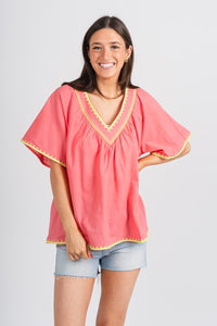 Embroidered flutter top coral - Cute Top - Fun Vacay Basics at Lush Fashion Lounge Boutique in Oklahoma City