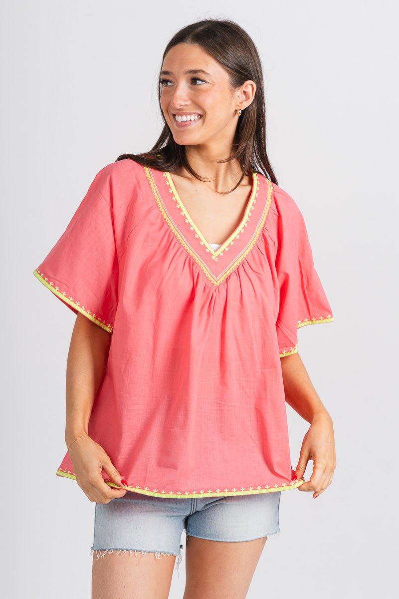 Embroidered flutter top coral - Trendy Top - Cute Vacation Collection at Lush Fashion Lounge Boutique in Oklahoma City