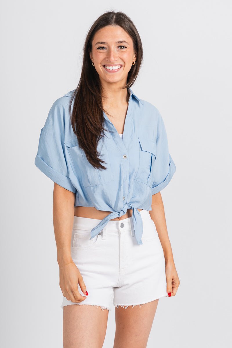 Tie front pocket top chambray