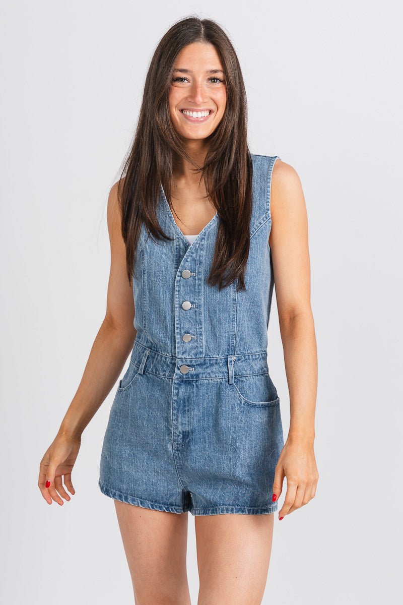 Sleeveless denim romper denim - Cute Romper - Trendy Rompers and Pantsuits at Lush Fashion Lounge Boutique in Oklahoma City