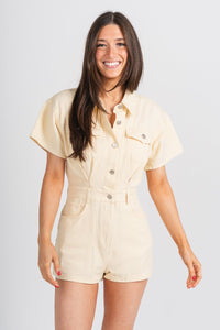 Short sleeve denim romper cream - Affordable Romper - Boutique Rompers & Pantsuits at Lush Fashion Lounge Boutique in Oklahoma City