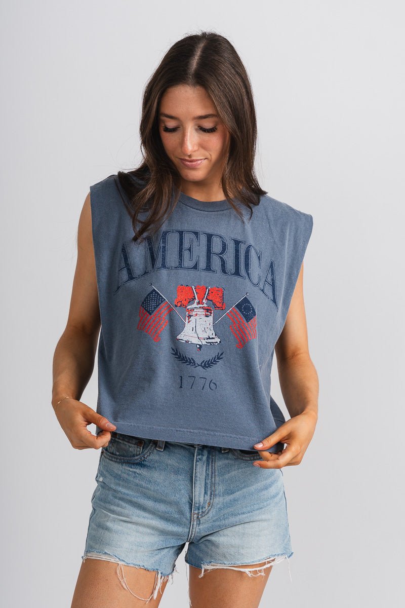 American bell muscle tank top blue - Trendy Tank Top - Cute American Summer Collection at Lush Fashion Lounge Boutique in Oklahoma City