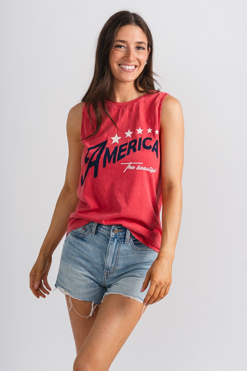 America the beautiful tank top red - Trendy Tank Top - Cute American Summer Collection at Lush Fashion Lounge Boutique in Oklahoma City