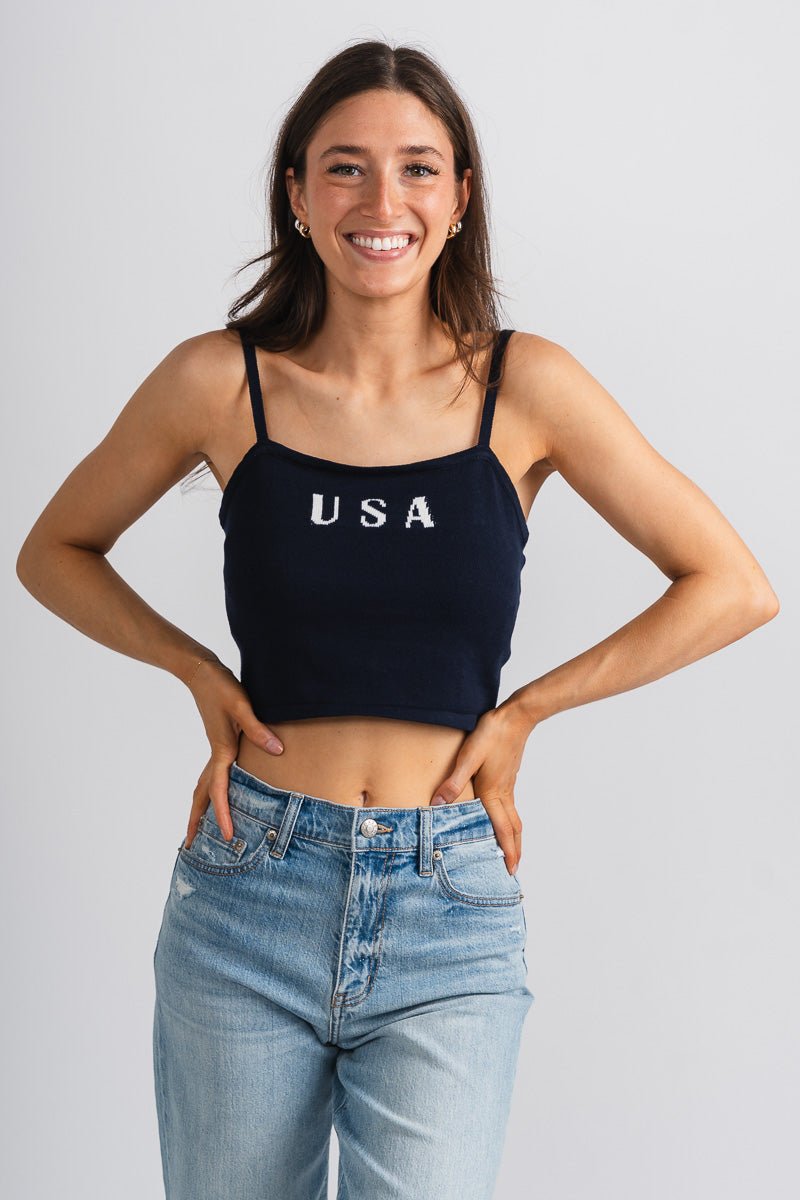 USA crop tank top navy - Trendy Tank Top - Cute American Summer Collection at Lush Fashion Lounge Boutique in Oklahoma City