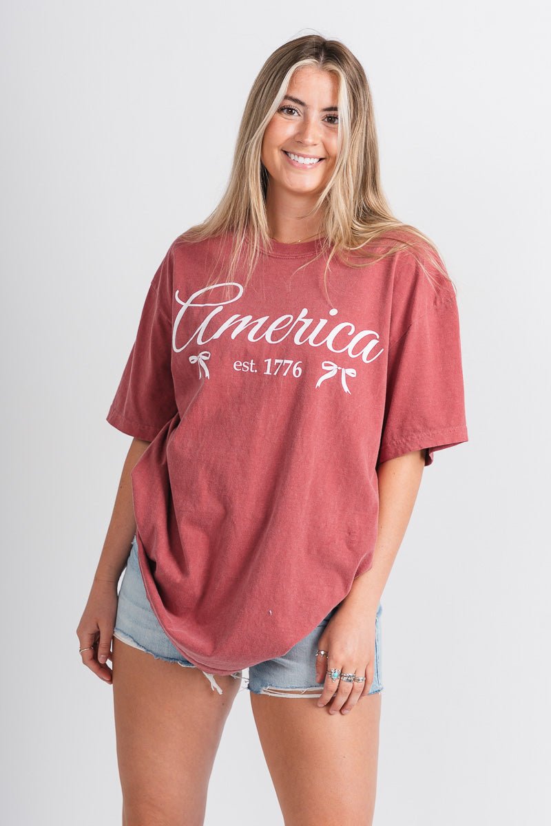 America bows oversized t-shirt crimson - Trendy T-shirts - Cute American Summer Collection at Lush Fashion Lounge Boutique in Oklahoma City