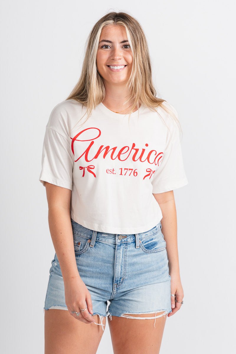 America bows cropped t-shirt white - Trendy T-shirts - Cute American Summer Collection at Lush Fashion Lounge Boutique in Oklahoma City