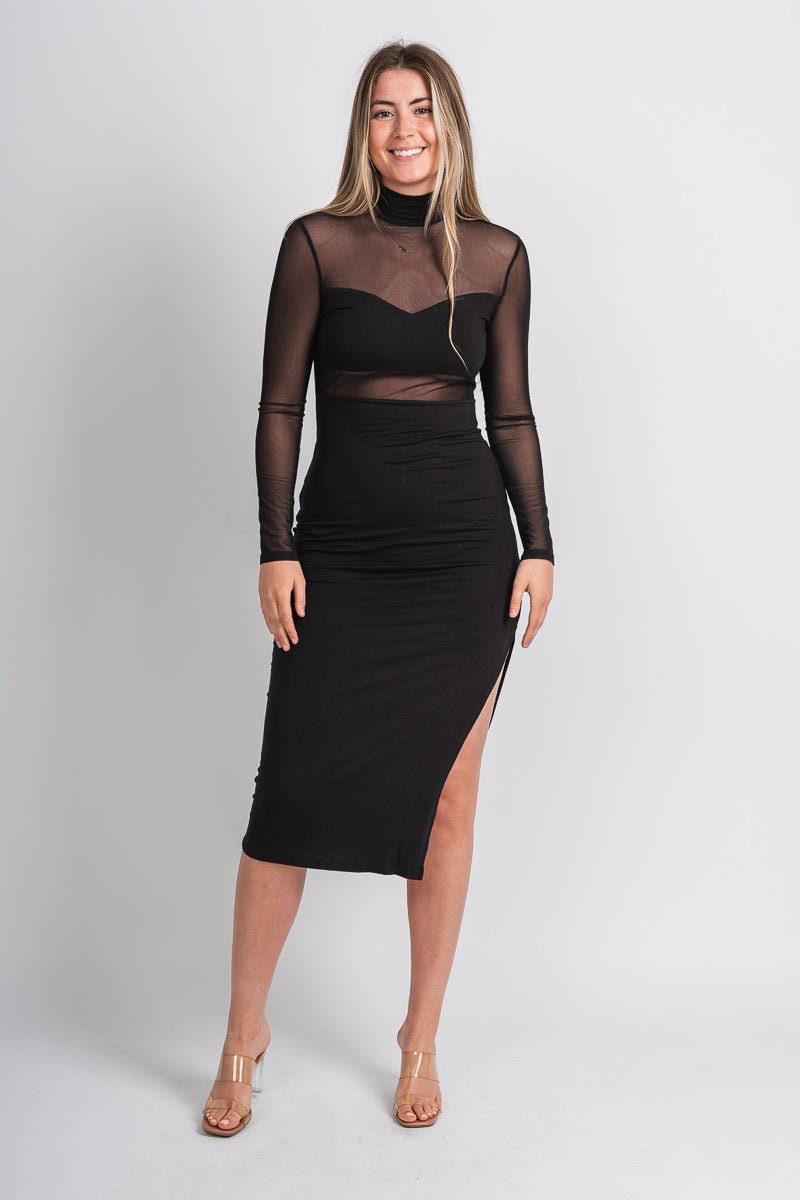 Mesh top midi dress black - Trendy Dress - Fashion Dresses at Lush Fashion Lounge Boutique in Oklahoma City
