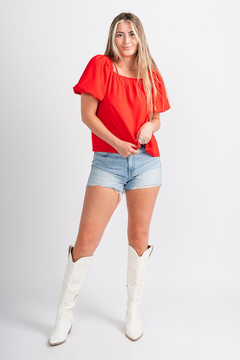 Puff sleeve top red - Stylish Top - Trendy American Summer Fashion at Lush Fashion Lounge Boutique in Oklahoma