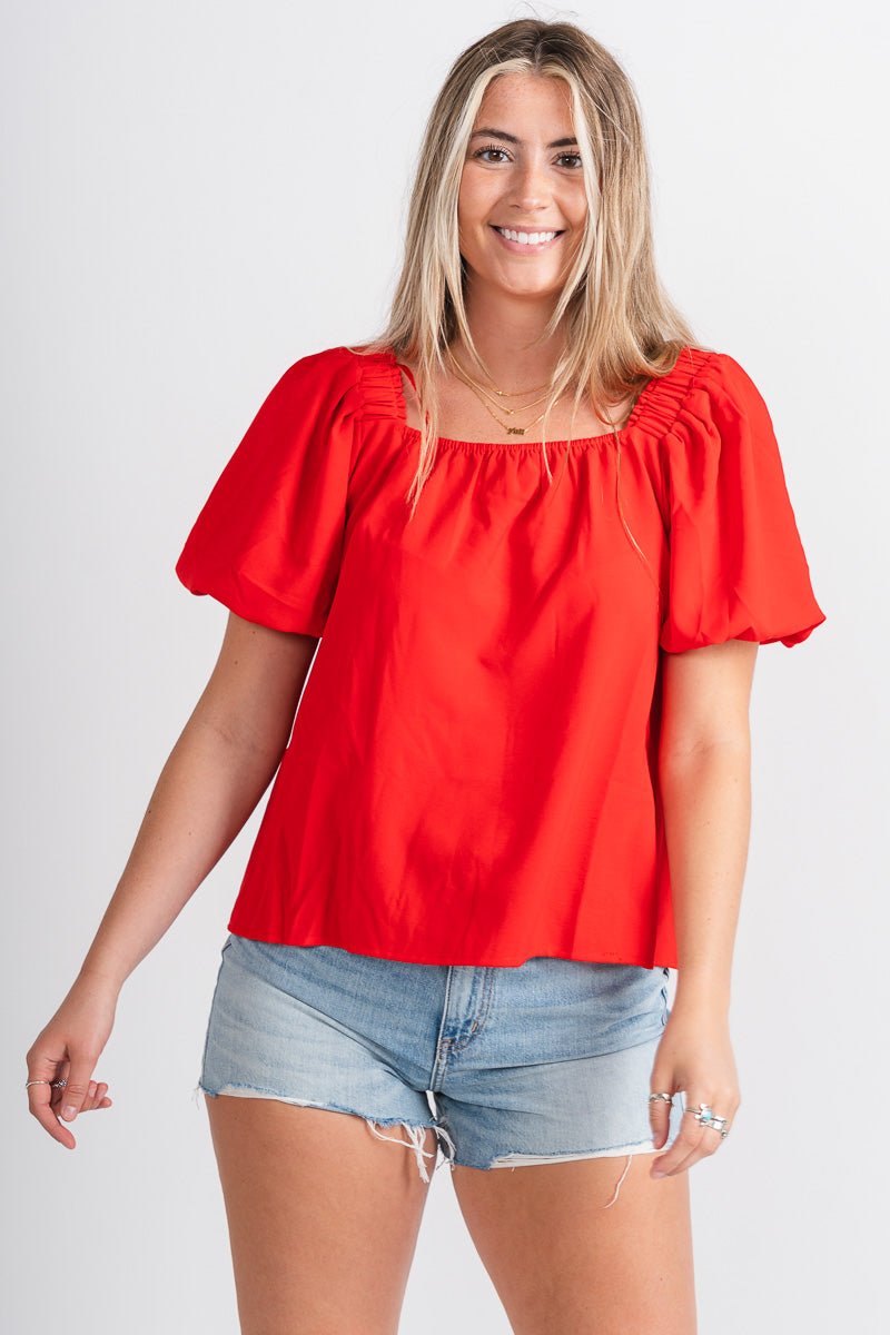 Puff sleeve top red - Trendy Top - Cute American Summer Collection at Lush Fashion Lounge Boutique in Oklahoma City
