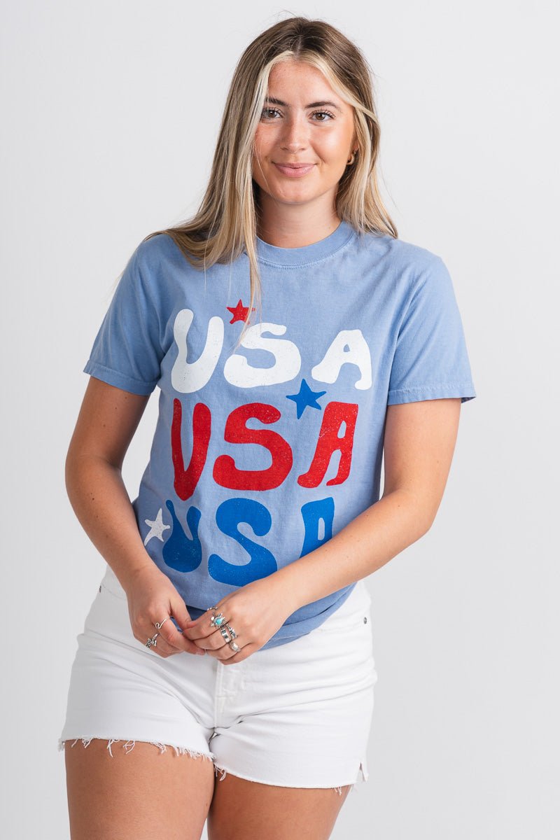 USA repeater stars comfort color t-shirt light blue - Trendy T-shirts - Cute American Summer Collection at Lush Fashion Lounge Boutique in Oklahoma City