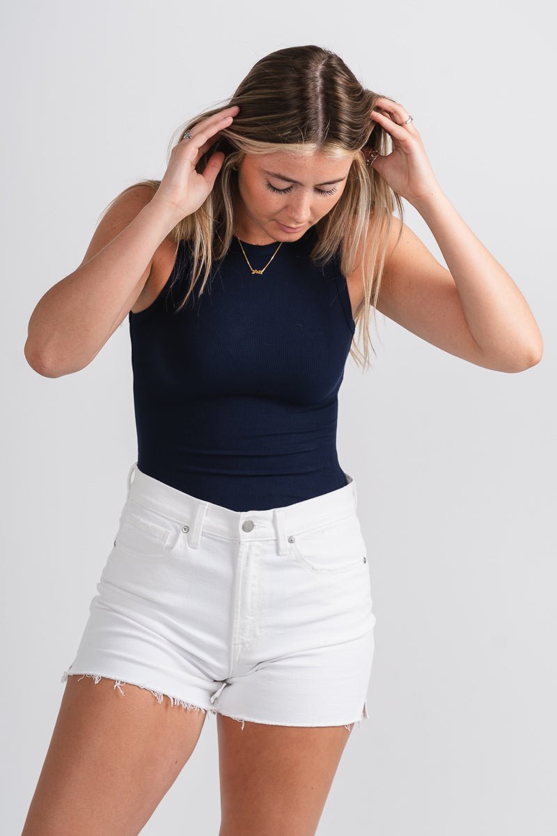 Round neck bodysuit dark navy - Trendy bodysuit - Cute American Summer Collection at Lush Fashion Lounge Boutique in Oklahoma City