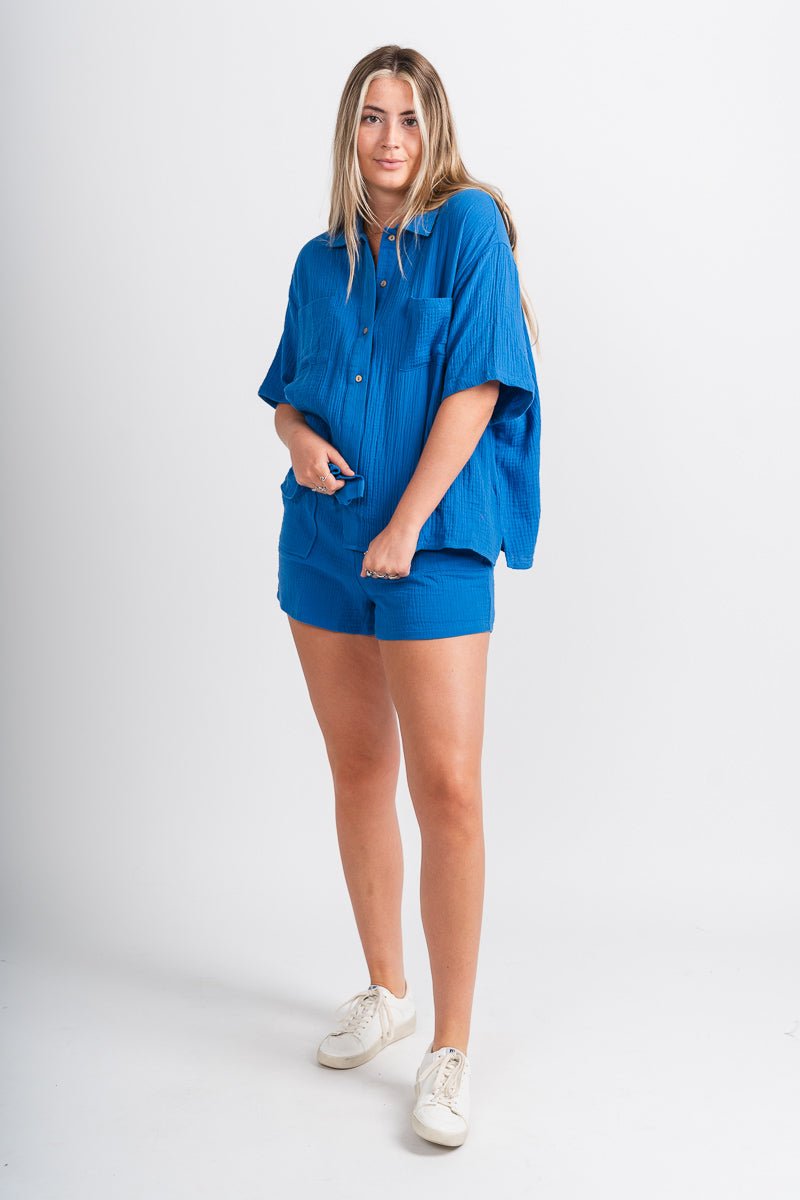 Gauze button down top blue - Stylish top - Trendy American Summer Fashion at Lush Fashion Lounge Boutique in Oklahoma