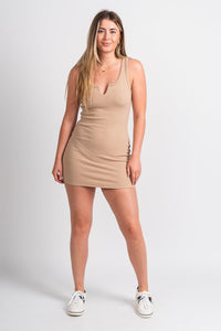 Slit front ribbed tank dress tan Stylish Dress - Womens Fashion Dresses at Lush Fashion Lounge Boutique in Oklahoma City