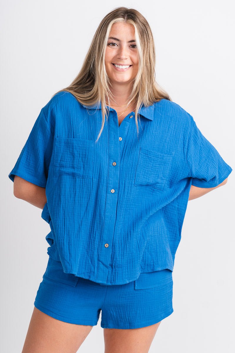 Gauze button down top blue - Trendy top - Cute American Summer Collection at Lush Fashion Lounge Boutique in Oklahoma City