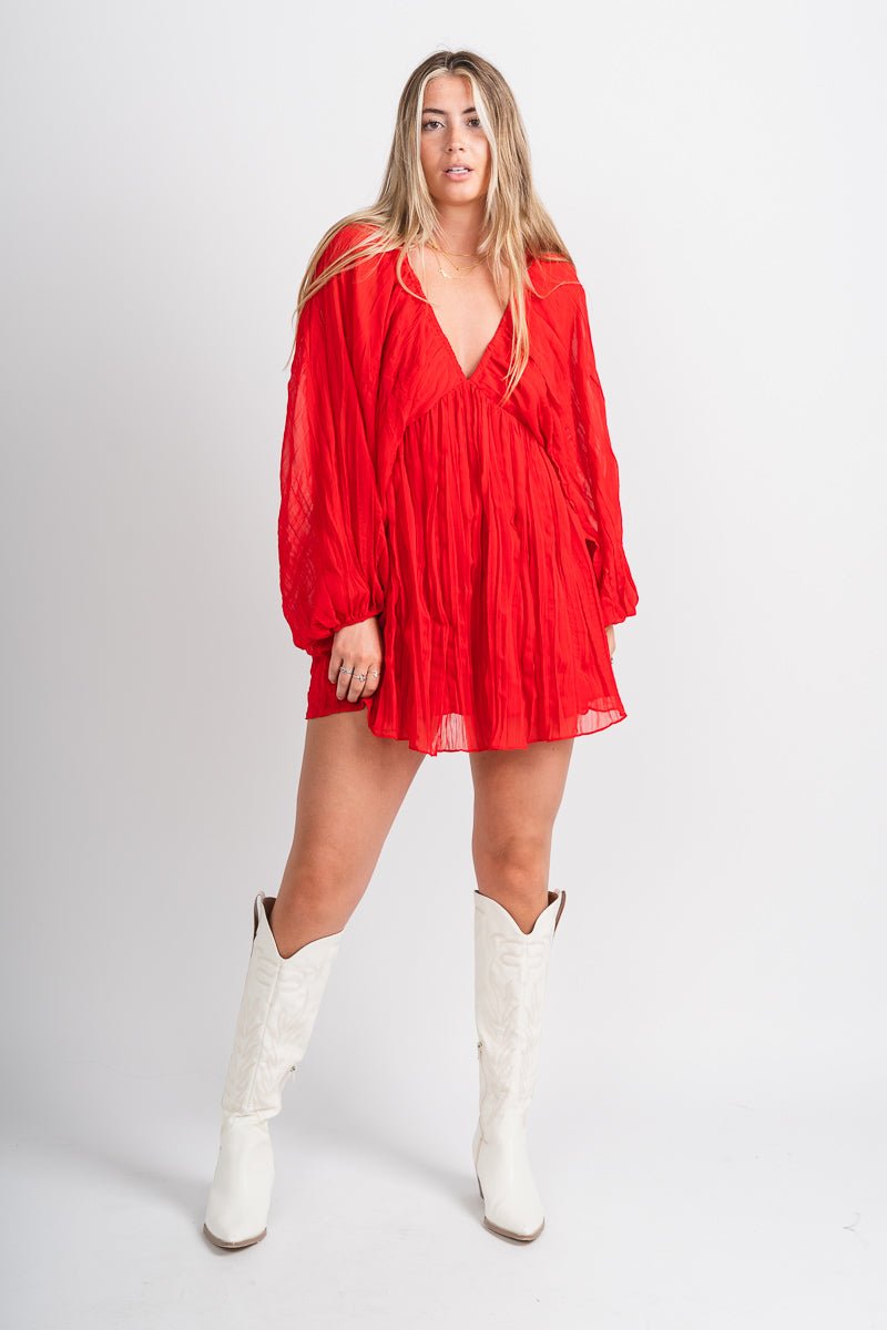 Pleated puff sleeve dress red - Stylish Dress - Trendy American Summer Fashion at Lush Fashion Lounge Boutique in Oklahoma