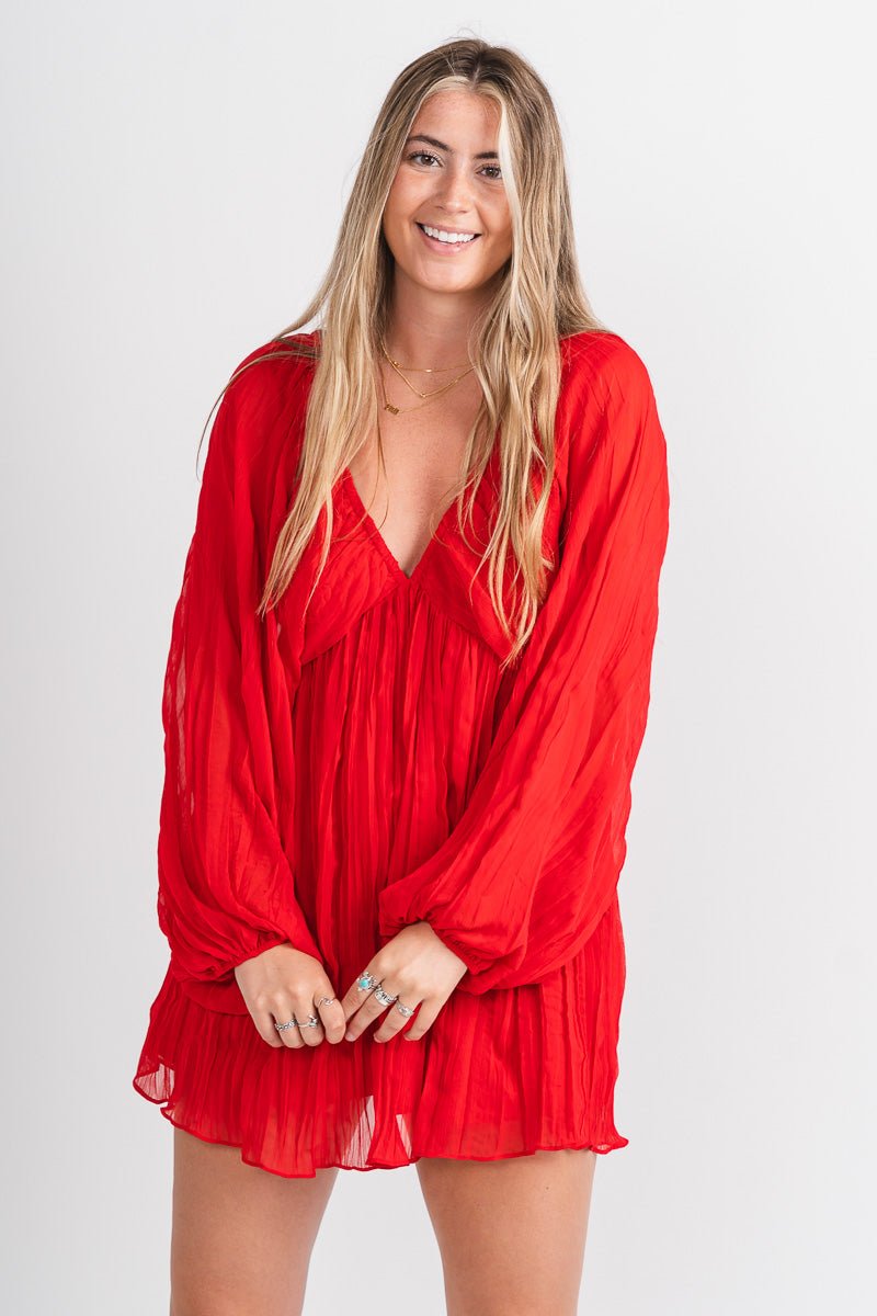 Pleated puff sleeve dress red - Trendy Dress - Cute American Summer Collection at Lush Fashion Lounge Boutique in Oklahoma City