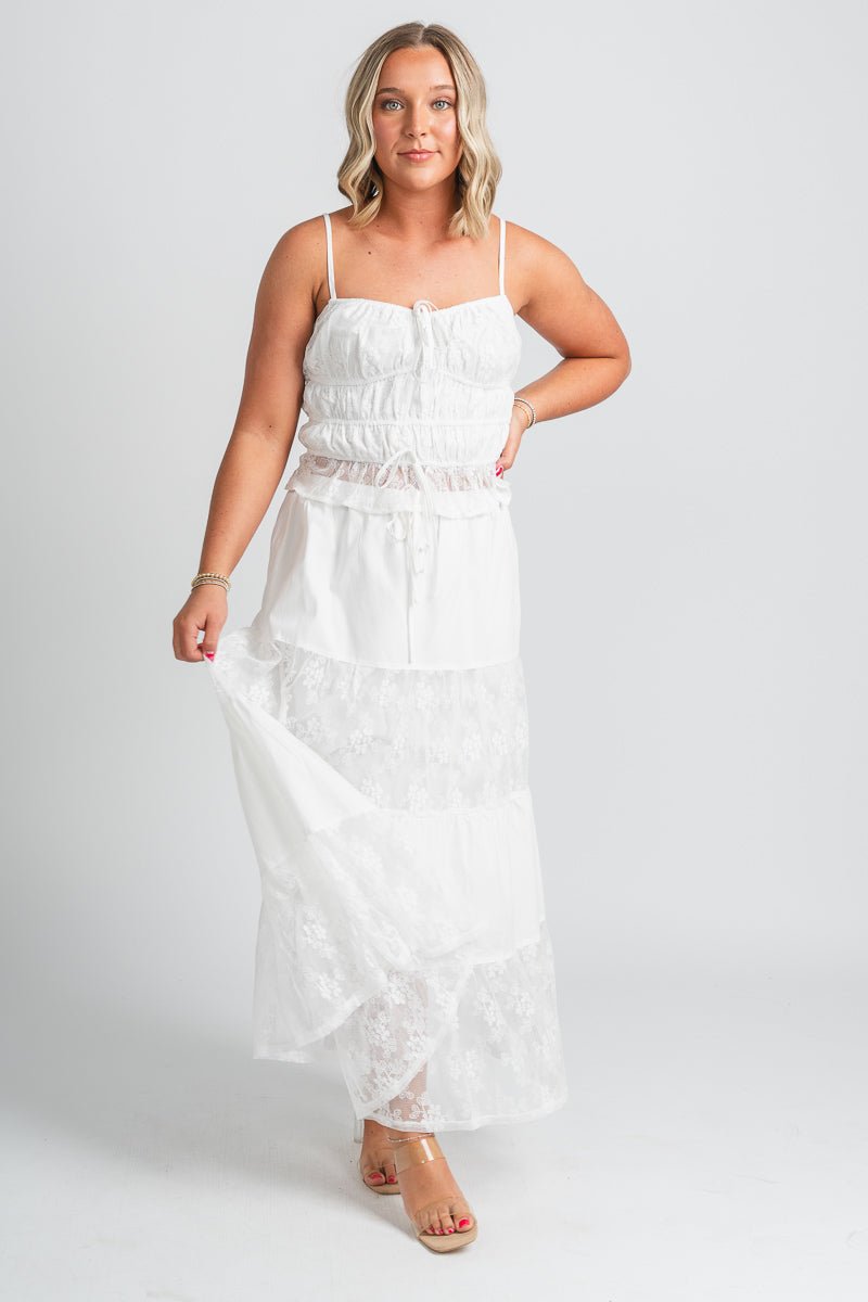 Shirred lace tank top white - Trendy Tank Top - Fashion Tank Tops at Lush Fashion Lounge Boutique in Oklahoma City