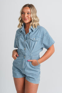 Pin stripe denim romper denim/white - Affordable Romper - Boutique Rompers & Pantsuits at Lush Fashion Lounge Boutique in Oklahoma City