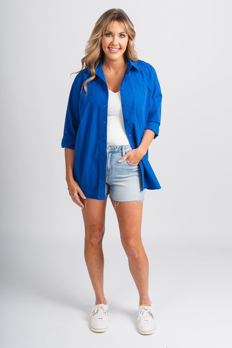 Collared button down top cobalt - Stylish top - Trendy American Summer Fashion at Lush Fashion Lounge Boutique in Oklahoma