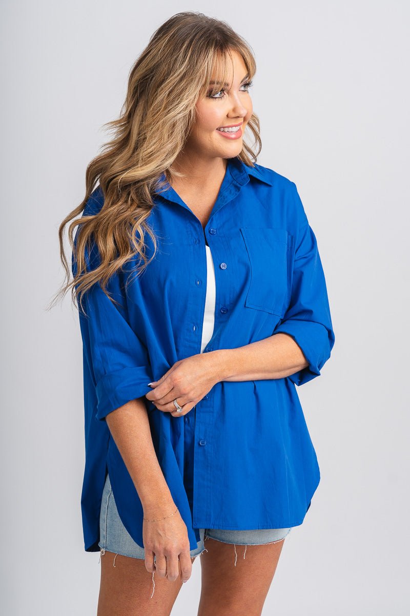 Collared button down top cobalt - Trendy top - Cute American Summer Collection at Lush Fashion Lounge Boutique in Oklahoma City