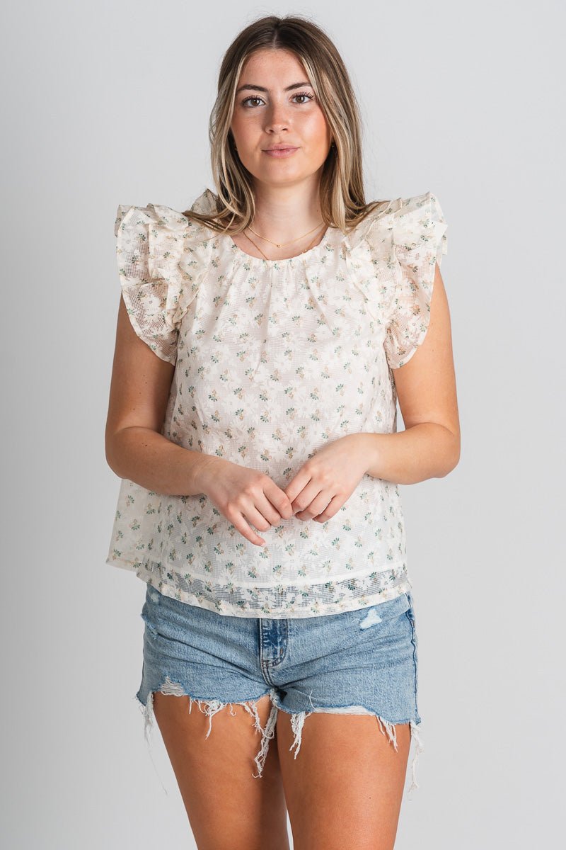 Floral ruffle sleeve top ivory/green