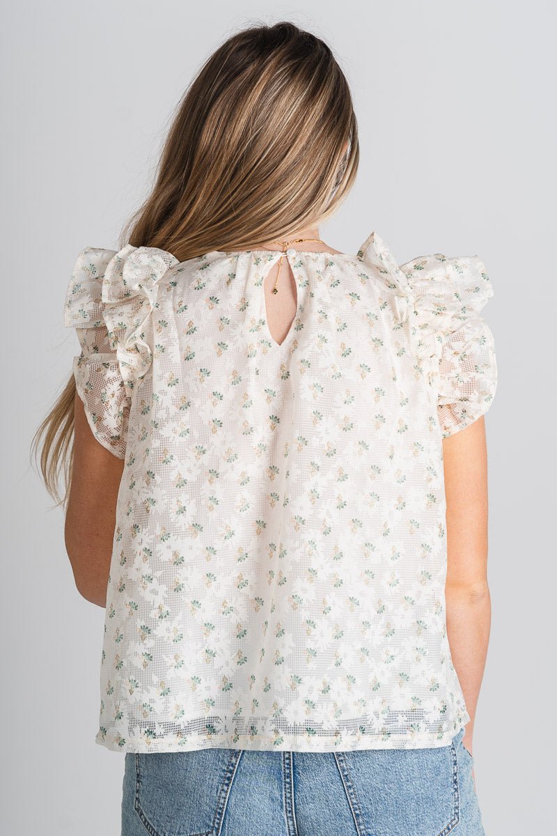 Floral ruffle sleeve top ivory/green