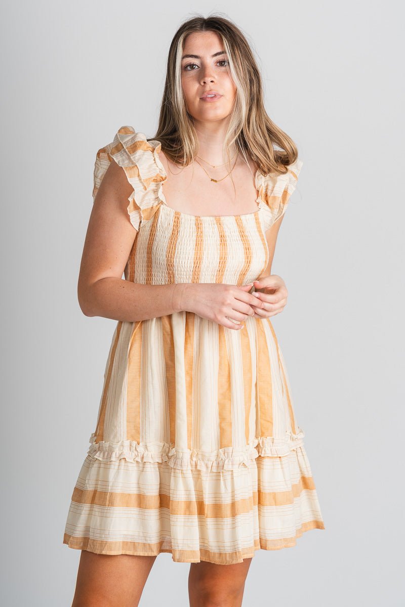 Striped baby doll dress sand - Cute Dress - Trendy Dresses at Lush Fashion Lounge Boutique in Oklahoma City