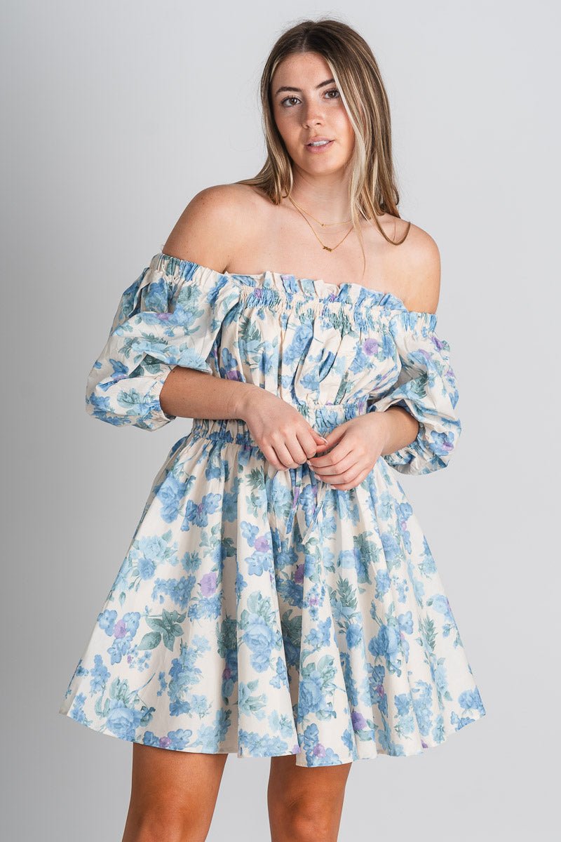 Floral ruffle dress blue floral - Cute Dress - Trendy Dresses at Lush Fashion Lounge Boutique in Oklahoma City