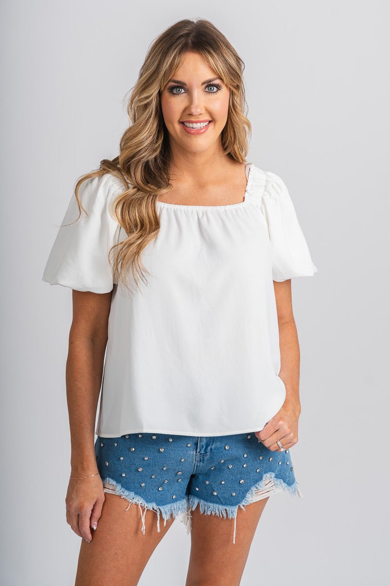 Puff sleeve top white - Trendy Top - Cute American Summer Collection at Lush Fashion Lounge Boutique in Oklahoma City