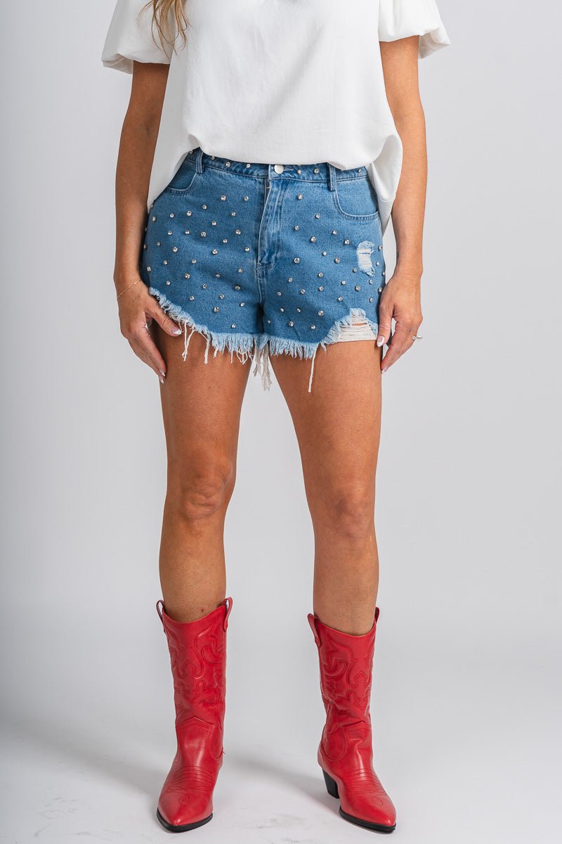 Rhinestone denim shorts - Stylish Shorts - Trendy American Summer Fashion at Lush Fashion Lounge Boutique in Oklahoma