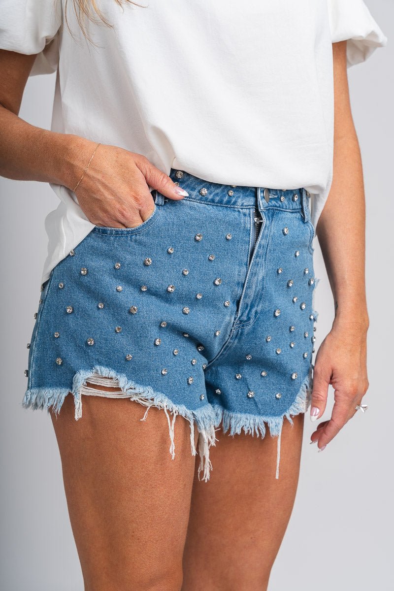 Rhinestone denim shorts - Trendy Shorts - Cute American Summer Collection at Lush Fashion Lounge Boutique in Oklahoma City