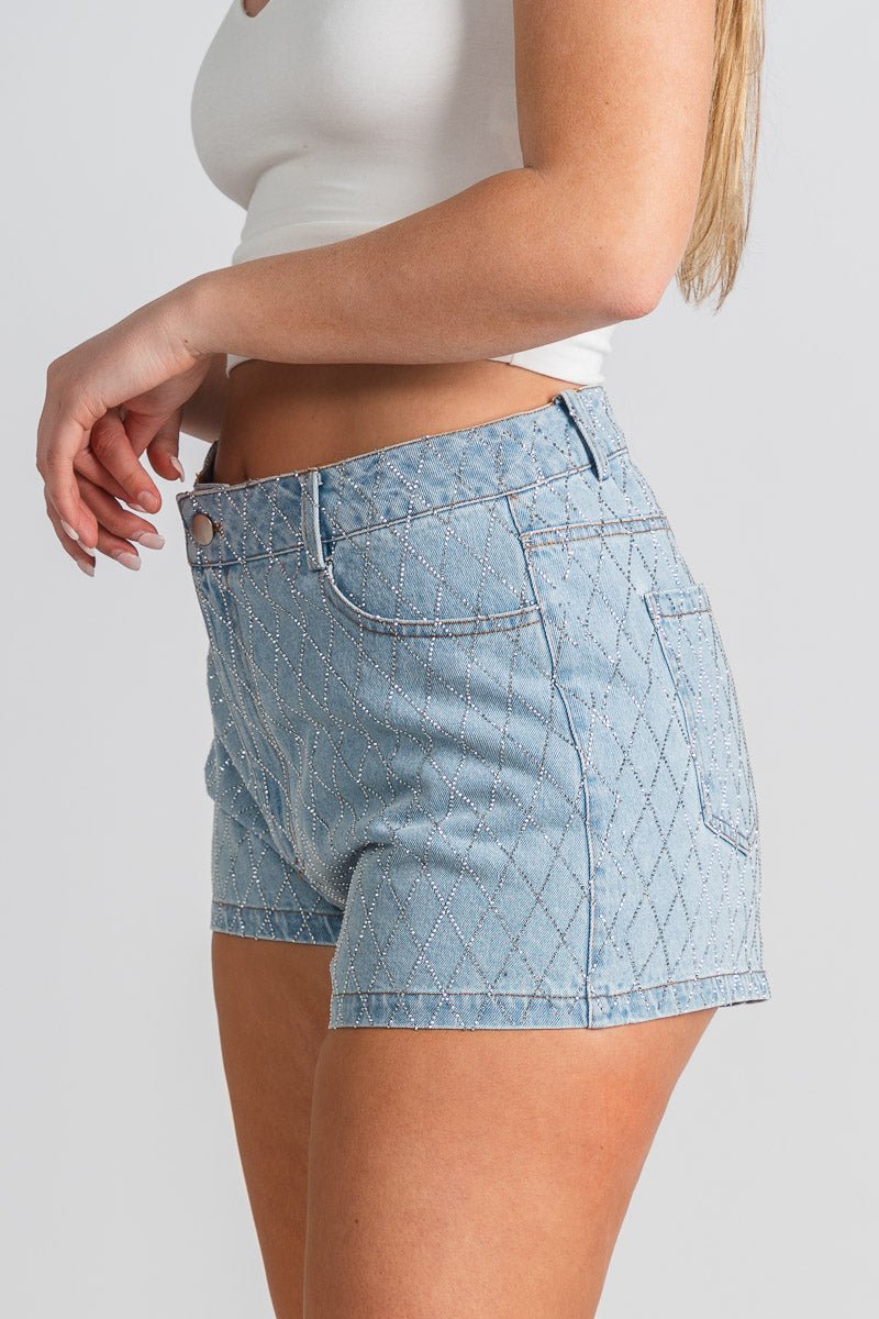 Rhinestone denim shorts light denim - Cute Shorts - Trendy Shorts at Lush Fashion Lounge Boutique in Oklahoma City